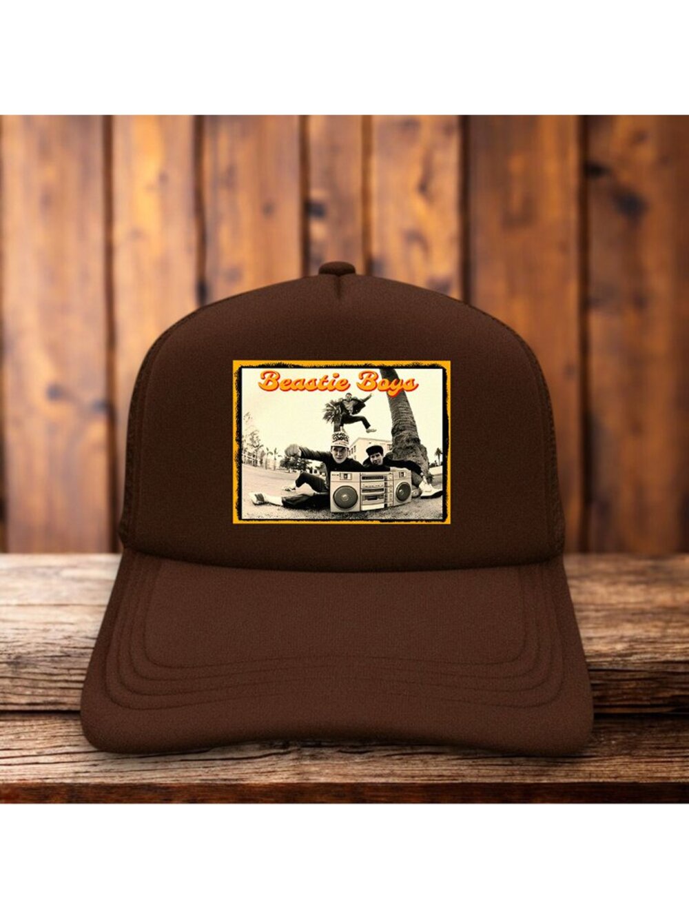 Beastie Boys Mens Trucker Hat Brown Snapback Retro Logo Boombox 90s Ball Cap